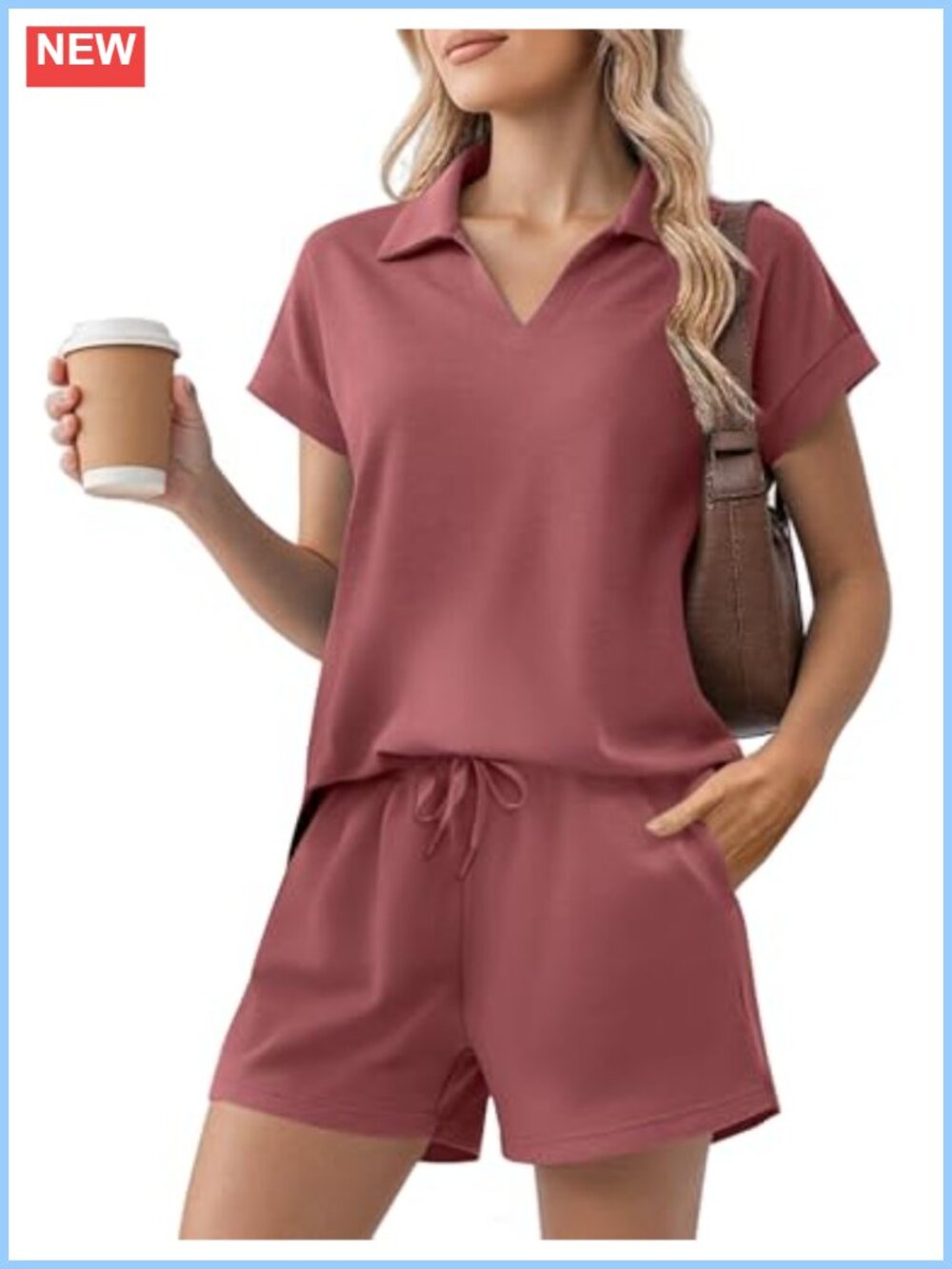2 Piece Lounge Set Short Sleeve V-Neck Top & Drawstring Shorts Set